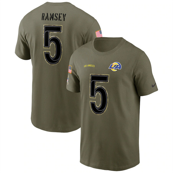 Men's Los Angeles Rams #5 Jalen Ramsey 2022 Olive Salute to Service T-Shirt - Click Image to Close